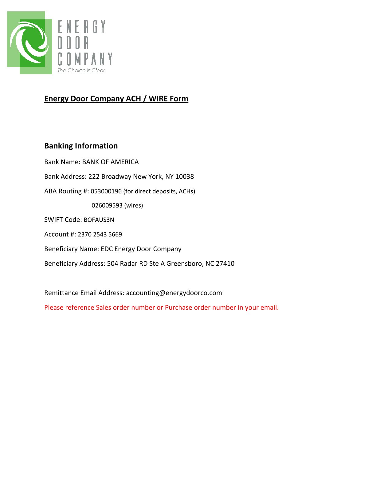 EDC ACH Wire Form USA