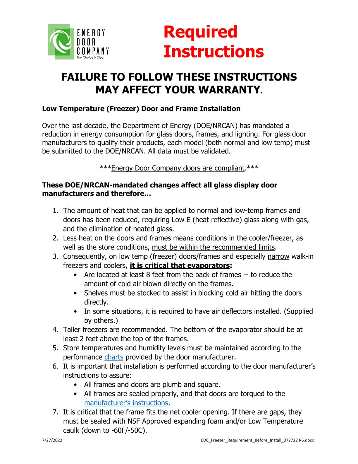 EDC Freezer Requirement 072722